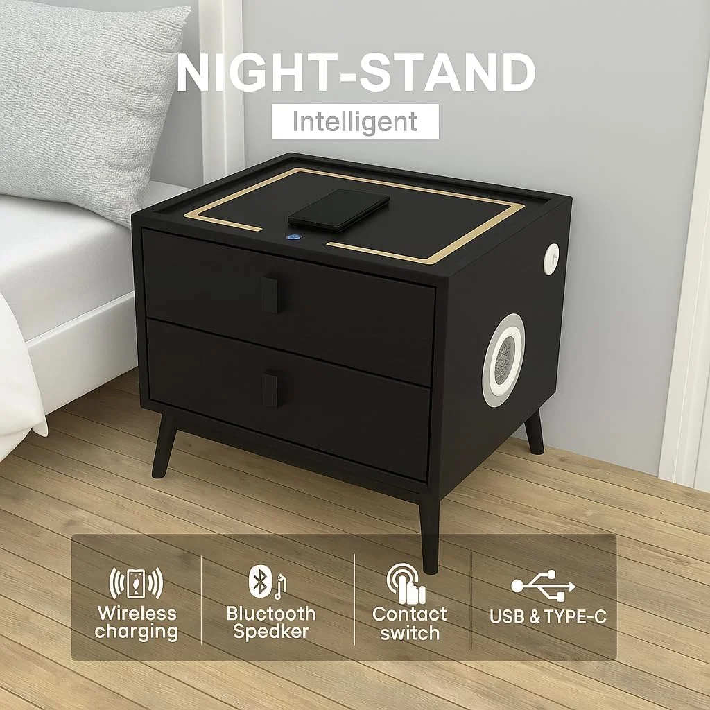 میز پاتختی هوشمند با شارژر بیسیم، پورتهای USB و بلندگوی بلوتوث | میز کنار تختی مدرن با 2 کشو و نورپردازی LED سه رنگ قابل تنظیم | میز کنار مبلی اتاق خواب و نشیمن | مشکی میز پاتختی هوشمند با شارژر بیسیم، پورتهای USB و بلندگوی بلوتوث | میز کنار تختی مدرن با 2 کشو و نورپردازی LED سه رنگ قابل تنظیم | میز کنار مبلی اتاق خواب و نشیمن | مشکی