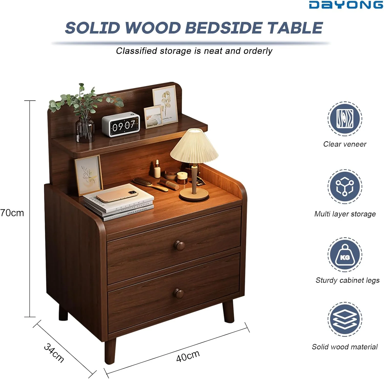 میز کنار تختی DAYONG، پاتختی مدرن با پایه های چوبی محکم، قفسه نگهداری کابینت کنار تخت با کشو، میز انتهایی محکم برای اتاق خواب، اتاق نشیمن، خوابگاه (مدل A - گردویی)