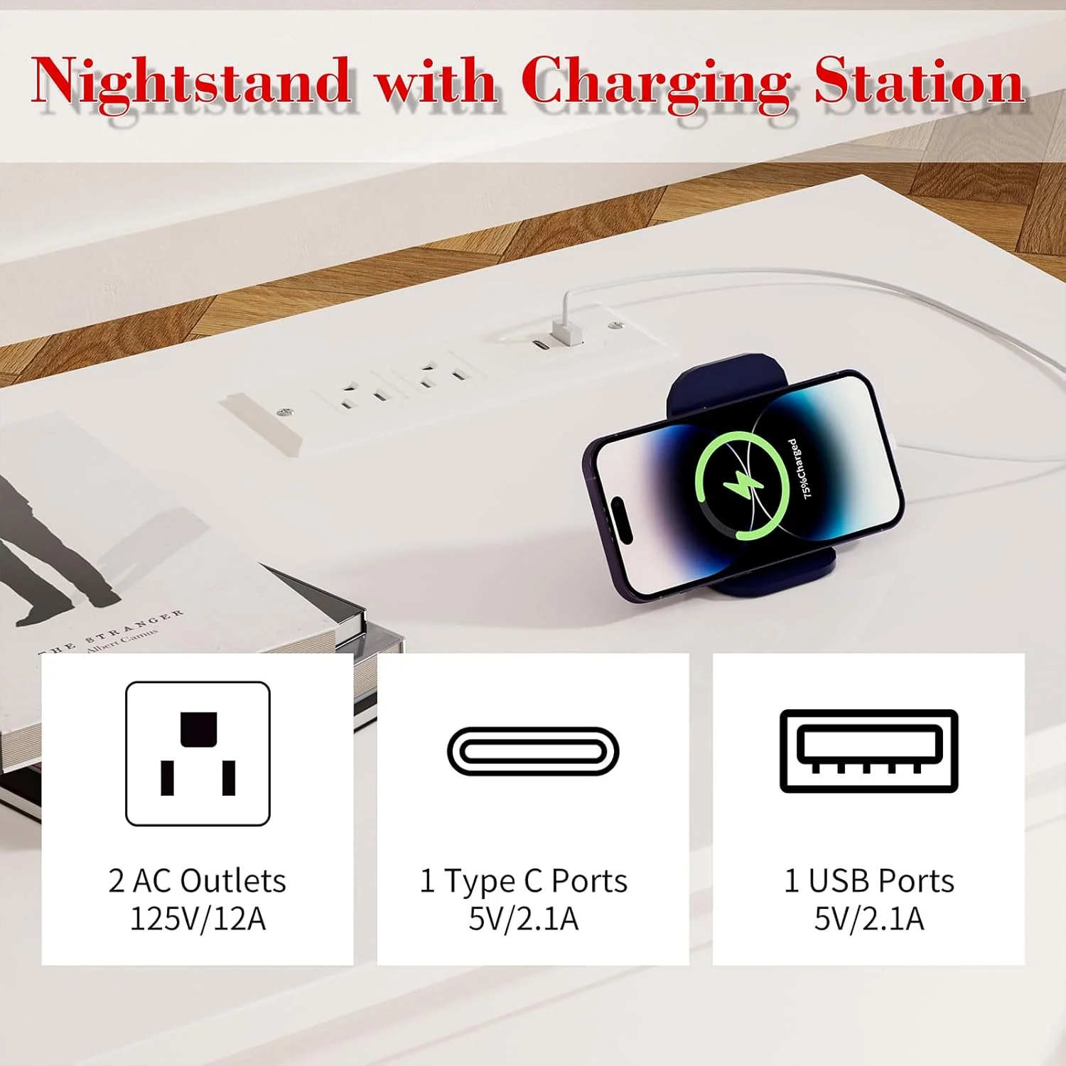 میز کنار تختی سفید با ۳ کشو و ایستگاه شارژ، میز کنار تختی مدرن با ۳ کشو، کابینت ذخیره سازی برای اتاق خواب، راهرو، ورودی، دفتر کار خانگی میز کنار تختی سفید با ۳ کشو و ایستگاه شارژ، میز کنار تختی مدرن با ۳ کشو، کابینت ذخیره سازی برای اتاق خواب، راهرو، ورودی، دفتر کار خانگی