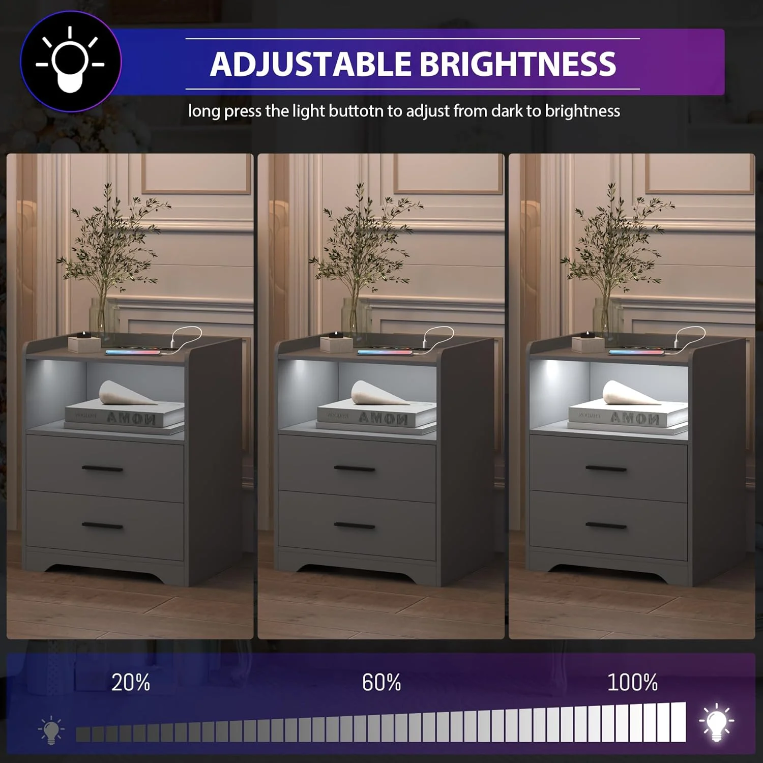 میز کنار تختی خاکستری با شارژ بی‌سیم، میز کنار تخت با کشو، میز کنار تختی هوشمند با چراغ‌های ال‌ای‌دی RGB با ۲۴ رنگ، میز کنار تختی ال‌ای‌دی مدرن برای اتاق خواب