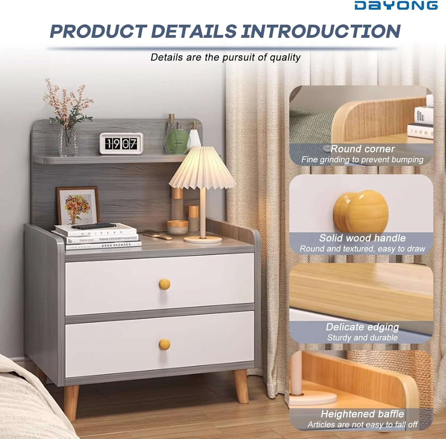 میز کنار تختی DAYONG، پاتختی مدرن با پایه های چوبی محکم، قفسه نگهداری کابینت کنار تخت با کشو، میز انتهایی محکم برای اتاق خواب، اتاق نشیمن، خوابگاه (مدل A - گردویی)