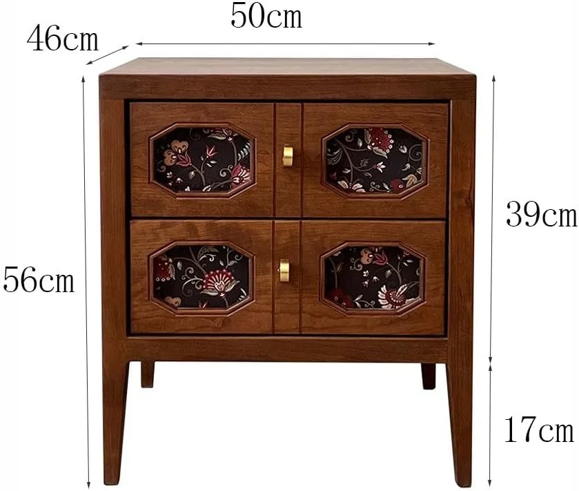 میز کنار تختی با کشوهای تزئینی و کابینت چوبی کوتاه برای نگهداری وسایل اتاق خواب