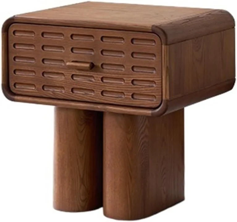 میز کنار تختی با طراحی هندسی دایره ای قدیمی، دارای کشو و پایه های عمودی تخت ضخیم