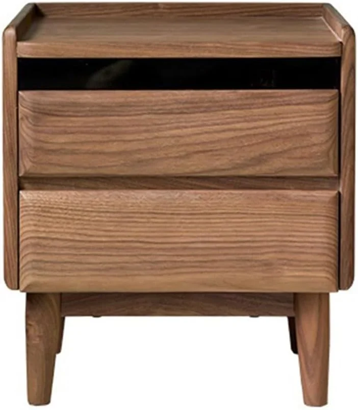 میز عسلی چوبی مدرن و ساده با صفحه شیشه ای و فضای ذخیره سازی کنار تخت با دو کشو