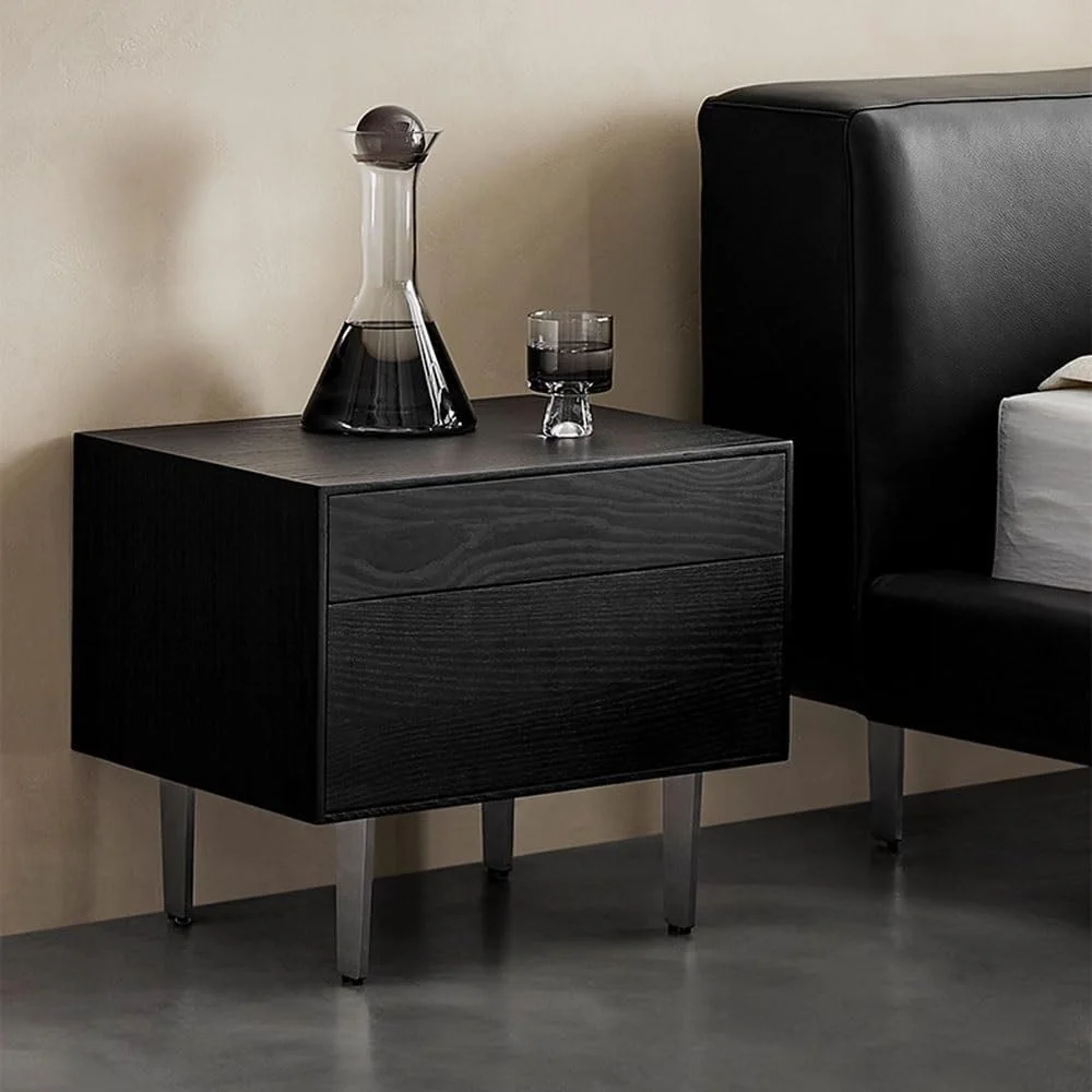 میز عسلی مشکی ساده با کشوهای بازشو، کمد ذخیره سازی و میز کنار تختی میز عسلی مشکی ساده با کشوهای بازشو، کمد ذخیره سازی و میز کنار تختی