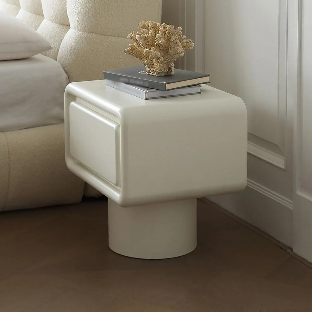 میز عسلی طرح ابر سفید برای اتاق خواب و کمد کنار تخت با کشو و میز نشیمن با طراحی کلاسیک