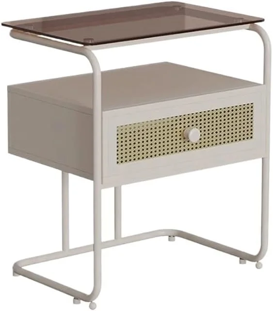 میز کنار تختی ساده و مدرن کوچک فلزی با کشو و قفسه چند منظوره شیشه ای