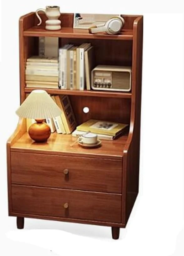 کمد کنار تختی چوبی، قفسه کتاب، مناسب اتاق خواب، دارای فضای ذخیره سازی در کنار تخت، میز کوچک باریک دارای کشو