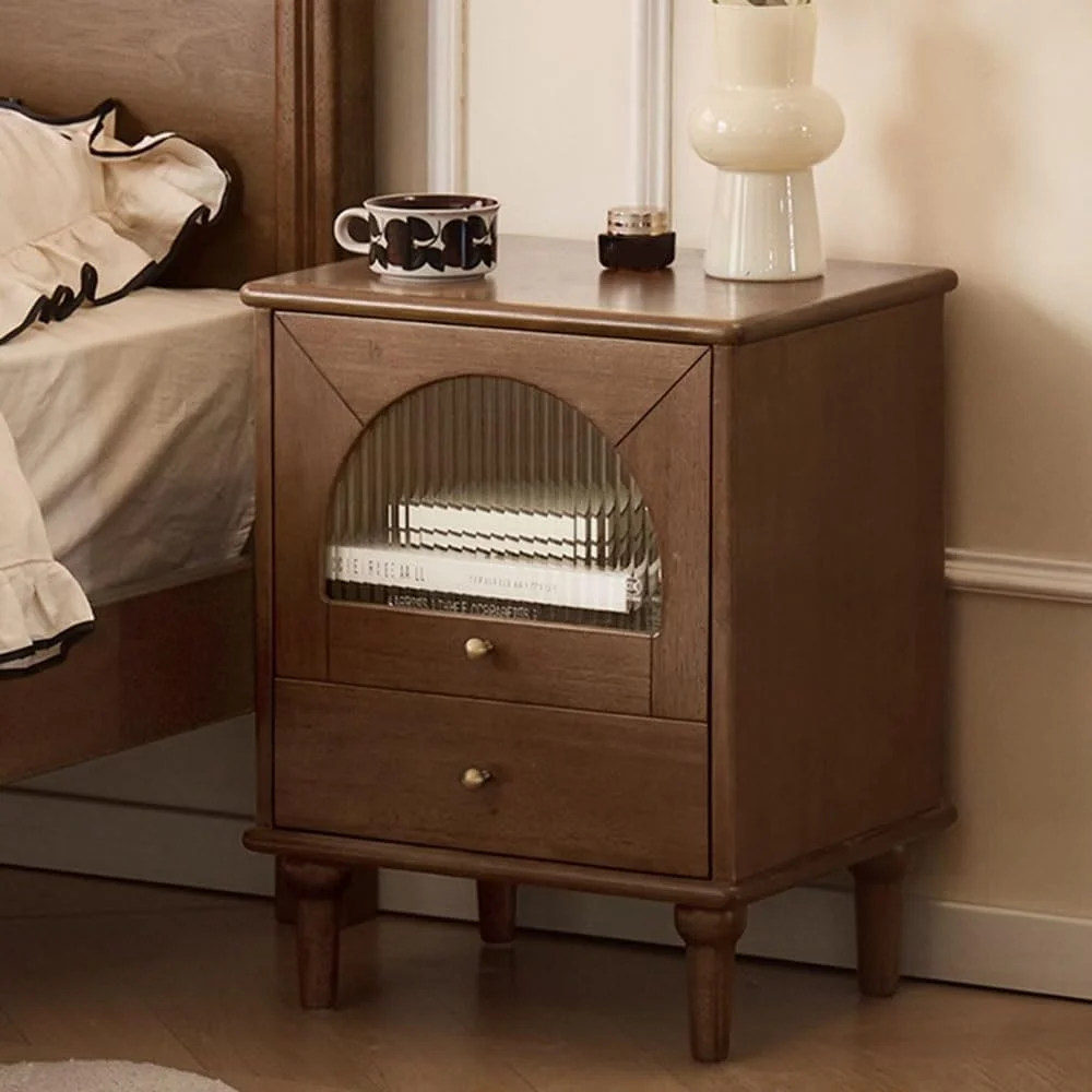 کابینت کنار تختی شیشه ای آنتیک، مناسب اتاق خواب منزل، ذخیره سازی کنار تخت، میز کنار تختی چوبی کوچک مدرن با کشو