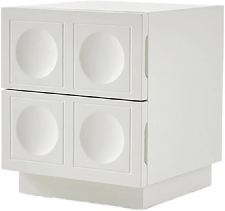 کمد کنار تختی سفید ساده با طراحی مقعر و گرد به همراه کشو