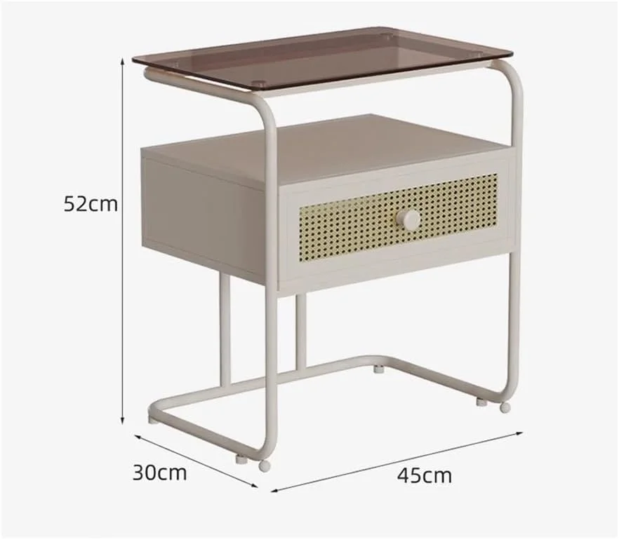 میز کنار تختی ساده و مدرن کوچک فلزی با کشو و قفسه چند منظوره شیشه ای