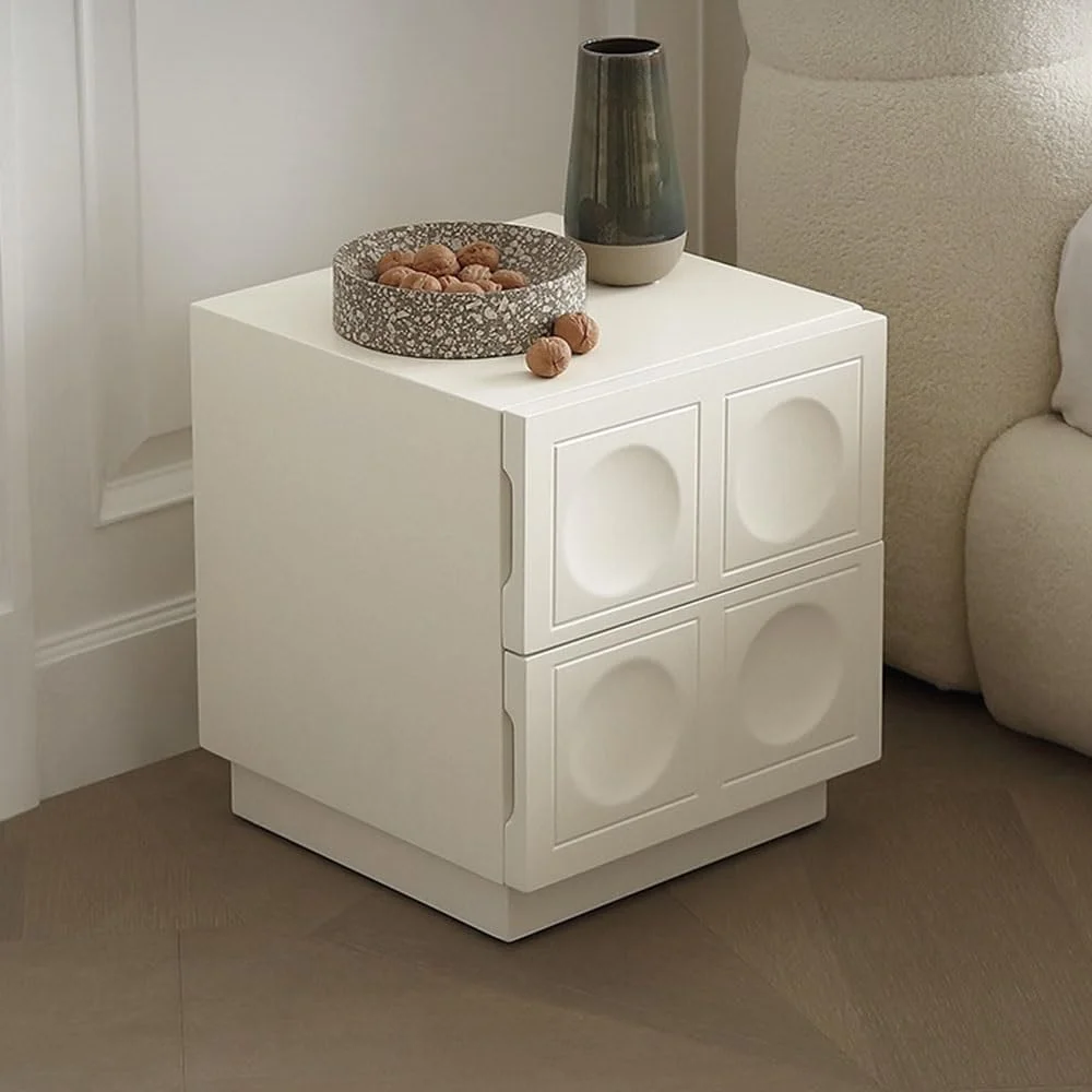 کمد کنار تختی سفید ساده با طراحی مقعر و گرد به همراه کشو کمد کنار تختی سفید ساده با طراحی مقعر و گرد به همراه کشو