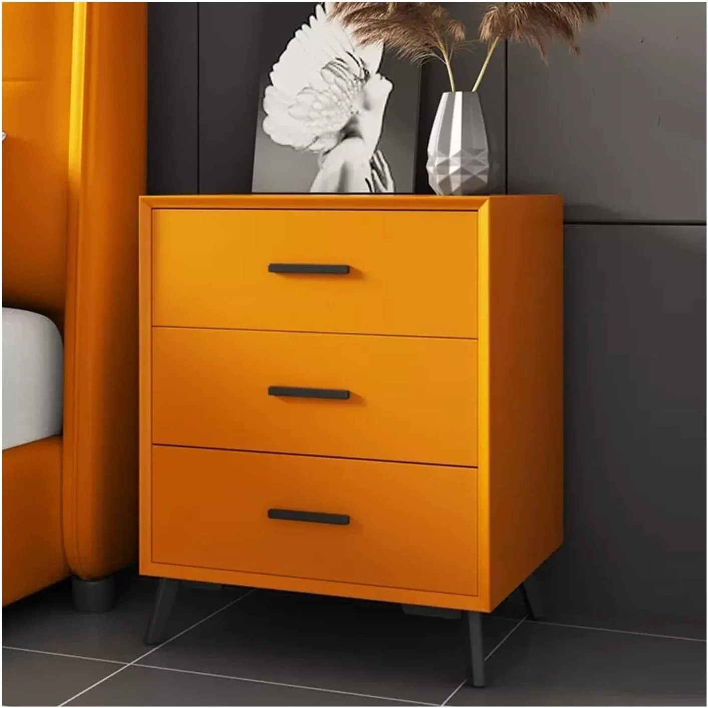 میز کنار تختی با ۳ کشو، واحد کشوهای ذخیره سازی چوبی با پایه قوی برای اتاق خواب، اتاق نشیمن، کمد و مبلمان کنار تخت، نارنجی، L49xD40xH60cm