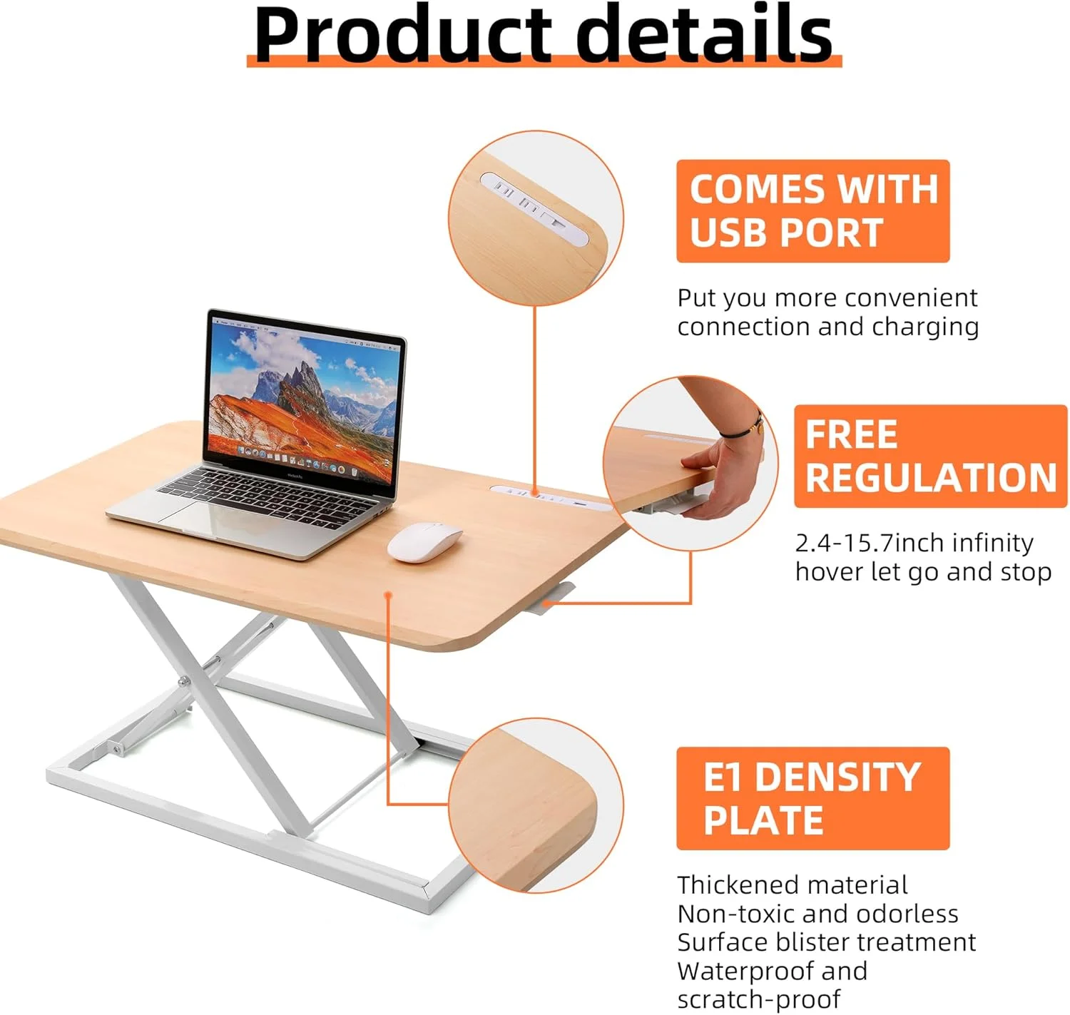 میز ایستاده با قابلیت تنظیم ارتفاع Biueus، مبدل میز ایستاده برای دفتر کار خانگی، ایستگاه کاری کامپیوتر با فنر گازی برای مانیتور یا لپ تاپ (چوب)