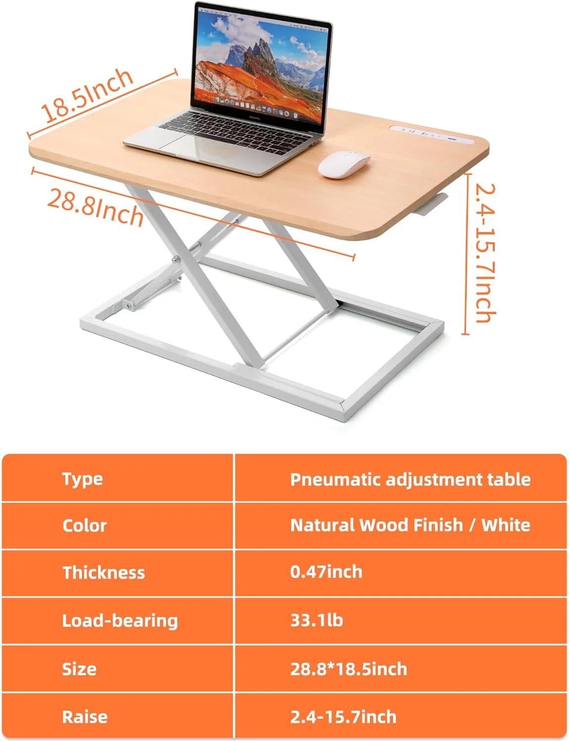 میز ایستاده با قابلیت تنظیم ارتفاع Biueus، مبدل میز ایستاده برای دفتر کار خانگی، ایستگاه کاری کامپیوتر با فنر گازی برای مانیتور یا لپ تاپ (چوب)