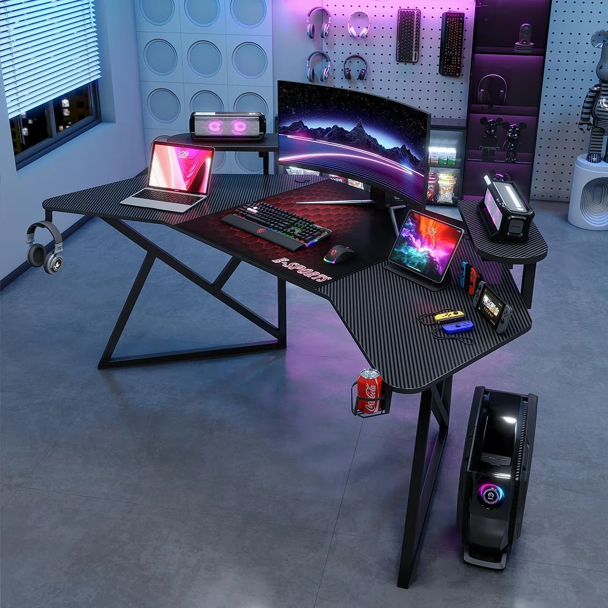 میز بازی فیبر کربنی، میز کامپیوتر بزرگ با قفسه ذخیره سازی، میز استودیویی بال شکل، میز اداری با پد ماوس، جا لیوانی و قلاب هدفون برای خانه و دفتر میز بازی فیبر کربنی، میز کامپیوتر بزرگ با قفسه ذخیره سازی، میز استودیویی بال شکل، میز اداری با پد ماوس، جا لیوانی و قلاب هدفون برای خانه و دفتر