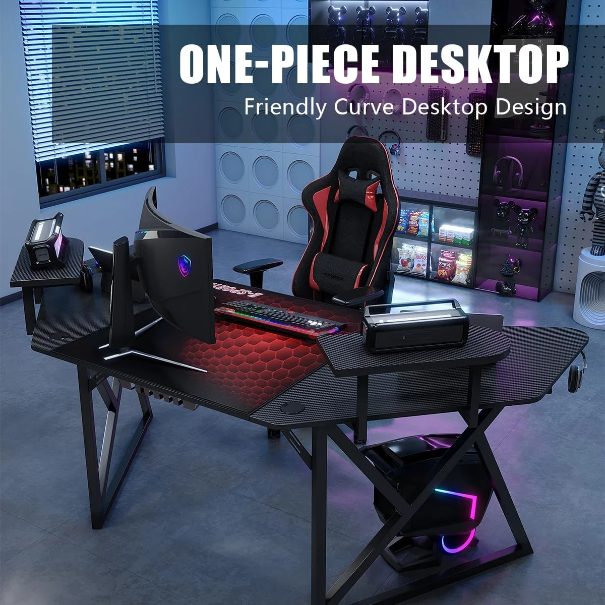 میز بازی فیبر کربنی، میز کامپیوتر بزرگ با قفسه ذخیره سازی، میز استودیویی بال شکل، میز اداری با پد ماوس، جا لیوانی و قلاب هدفون برای خانه و دفتر