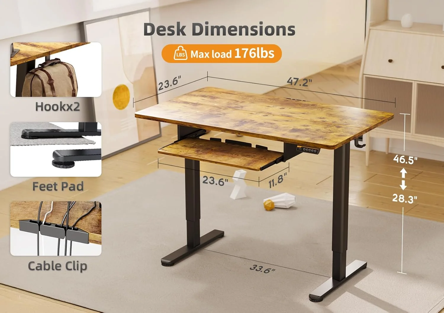میز ایستاده Claiks با سینی کیبورد، میز ایستاده با ارتفاع قابل تنظیم، میزهای بالابر برای دفتر کار خانگی و ایستگاه کاری کامپیوتر، 48 اینچ، قهوه ای روستیک