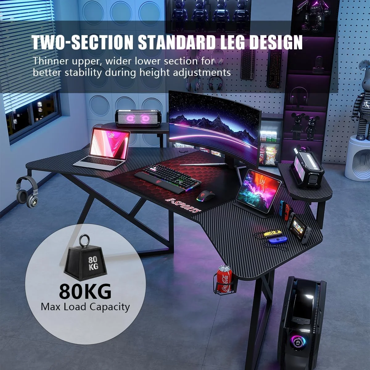 میز بازی فیبر کربنی، میز کامپیوتر بزرگ با قفسه ذخیره سازی، میز استودیویی بال شکل، میز اداری با پد ماوس، جا لیوانی و قلاب هدفون برای خانه و دفتر