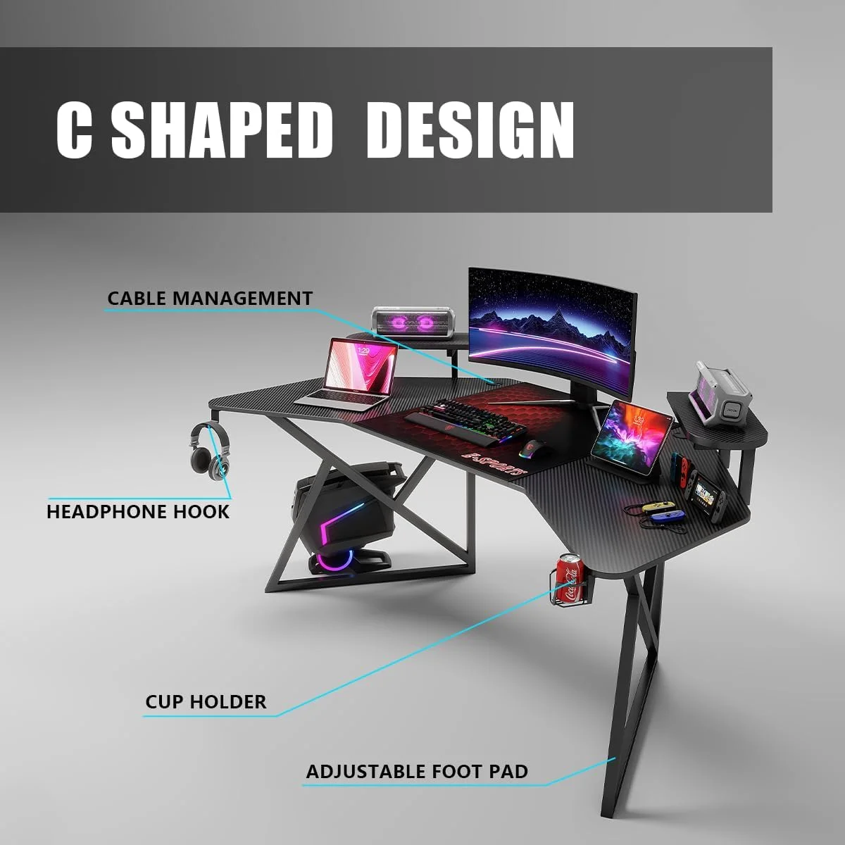 میز بازی فیبر کربنی، میز کامپیوتر بزرگ با قفسه ذخیره سازی، میز استودیویی بال شکل، میز اداری با پد ماوس، جا لیوانی و قلاب هدفون برای خانه و دفتر