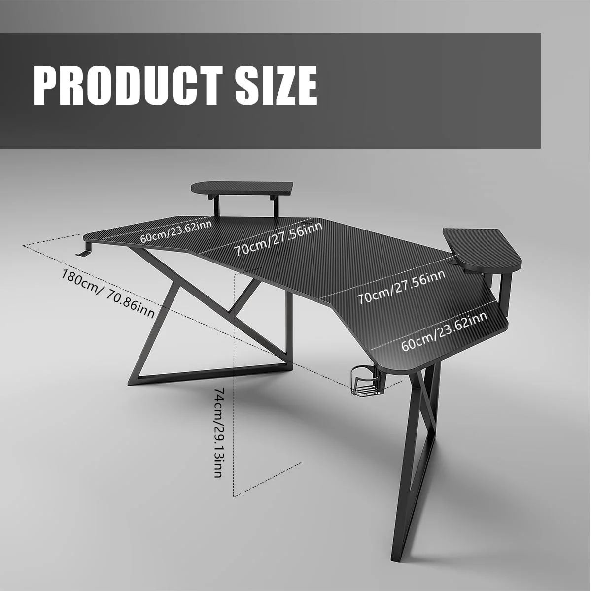 میز بازی فیبر کربنی، میز کامپیوتر بزرگ با قفسه ذخیره سازی، میز استودیویی بال شکل، میز اداری با پد ماوس، جا لیوانی و قلاب هدفون برای خانه و دفتر