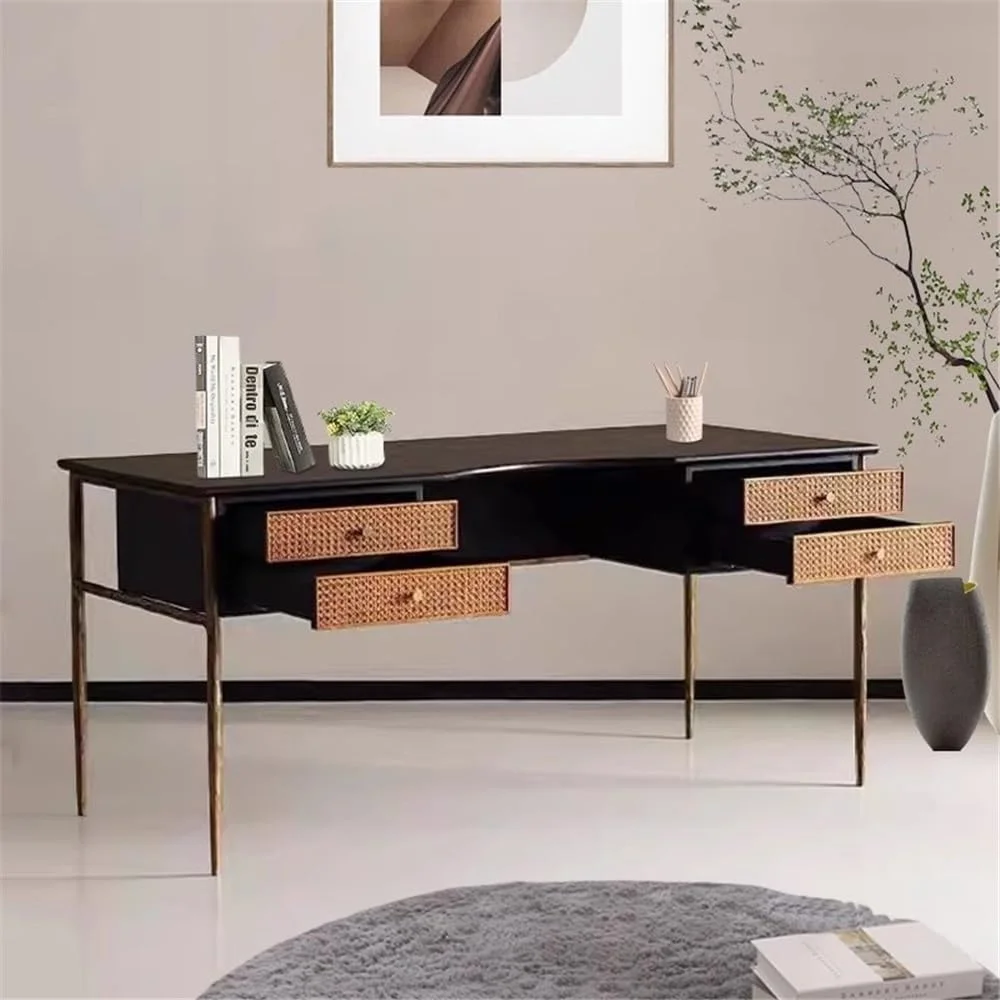 میز کامپیوتر، میز اداری چوبی با کشوهای بامبو و قاب فلزی، میز مطالعه و نوشتن مدرن با طراحی یکپارچهسازی با سیستمعامل و فضای ذخیره سازی