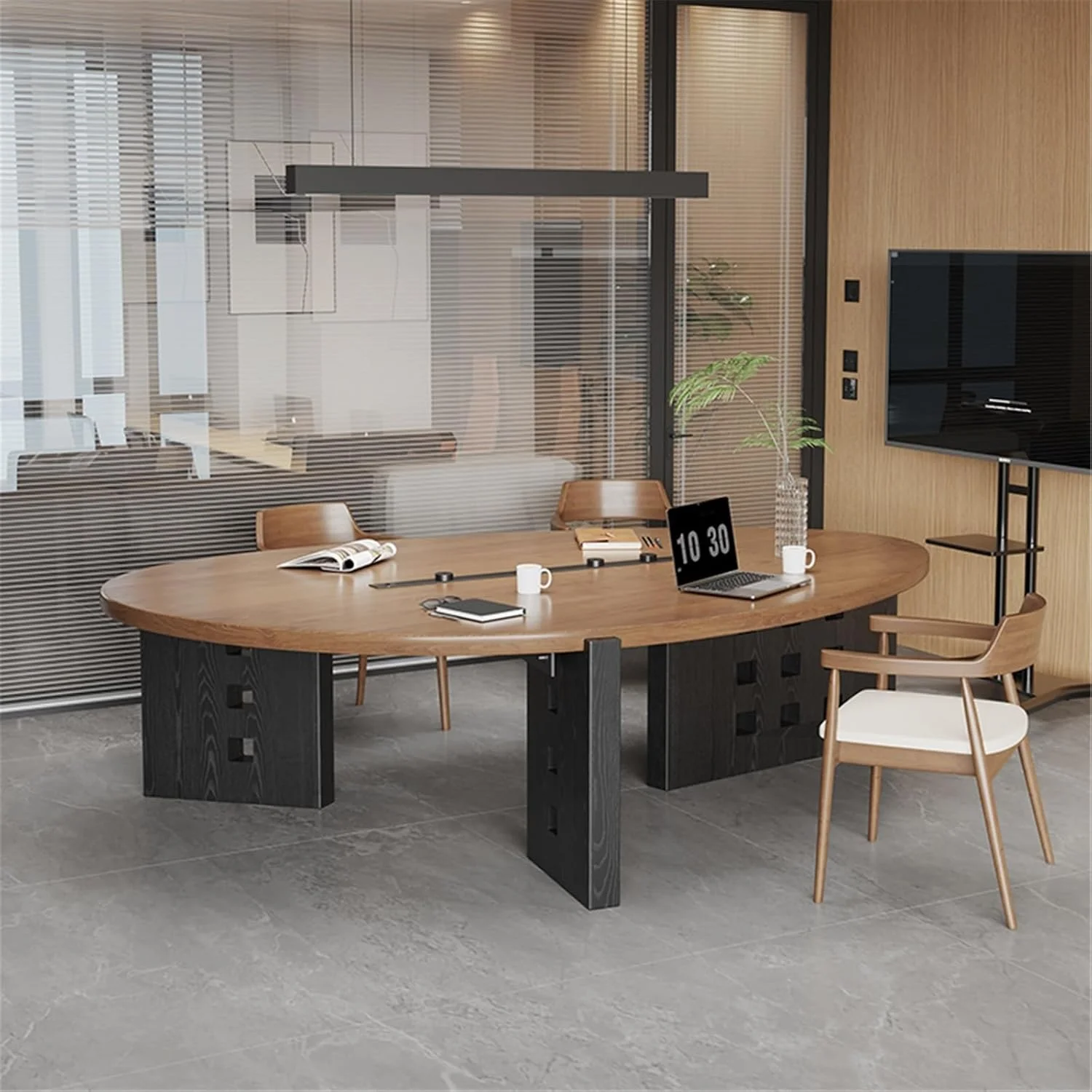 میز کامپیوتر، میز کنفرانس بیضی شکل از چوب جامد، میز کار مدرن چوب نارون با پورت های شارژ و ریل های کشویی (L)