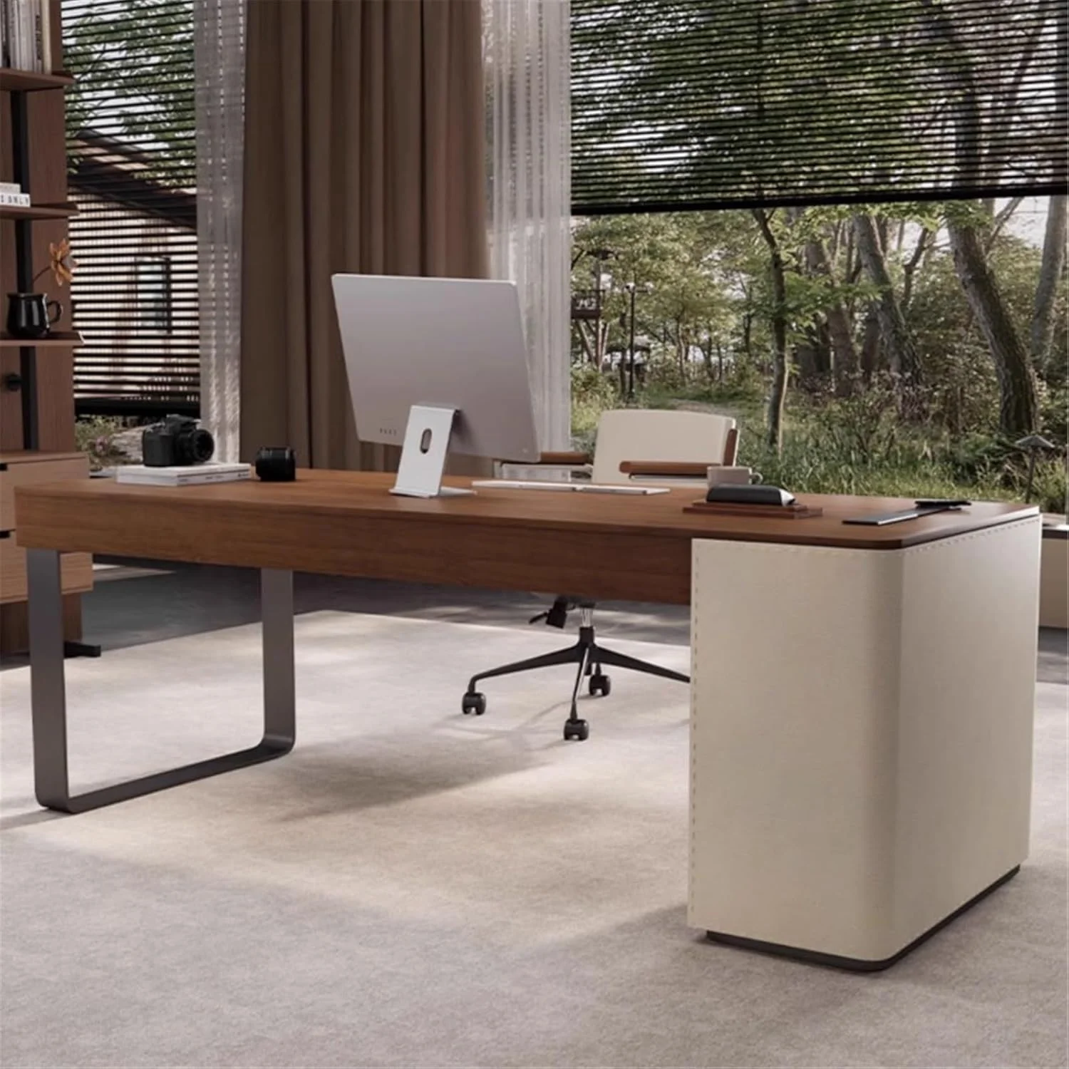 میز کامپیوتر، میز تحریر مدرن و ساده چوبی با پورت شارژ، رنگ گردویی، مناسب منزل با دو کشو (L)