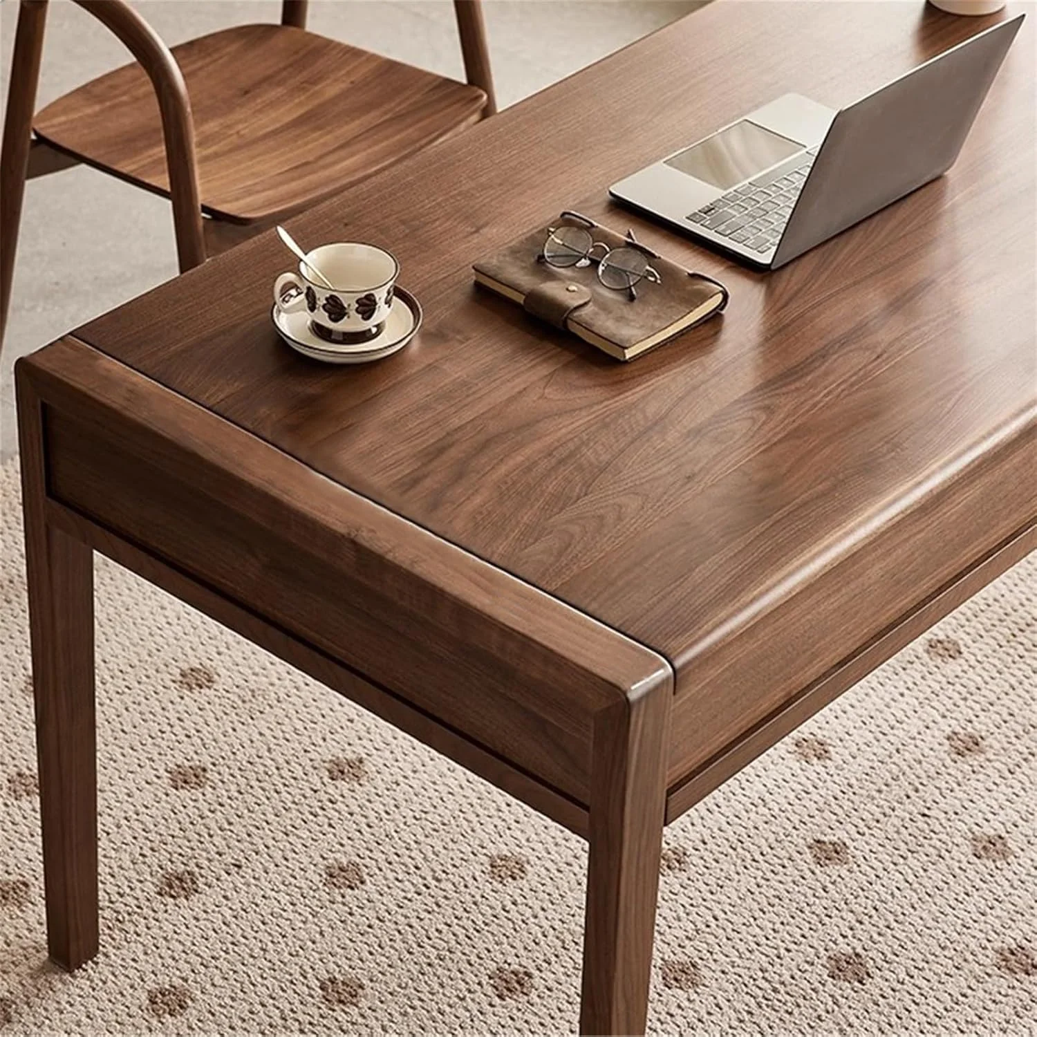 میز کامپیوتر، میز تحریر مدرن و ساده از چوب گردوی سیاه، مناسب برای دفتر کار خانگی، میز چوبی جامد با کشو (M)