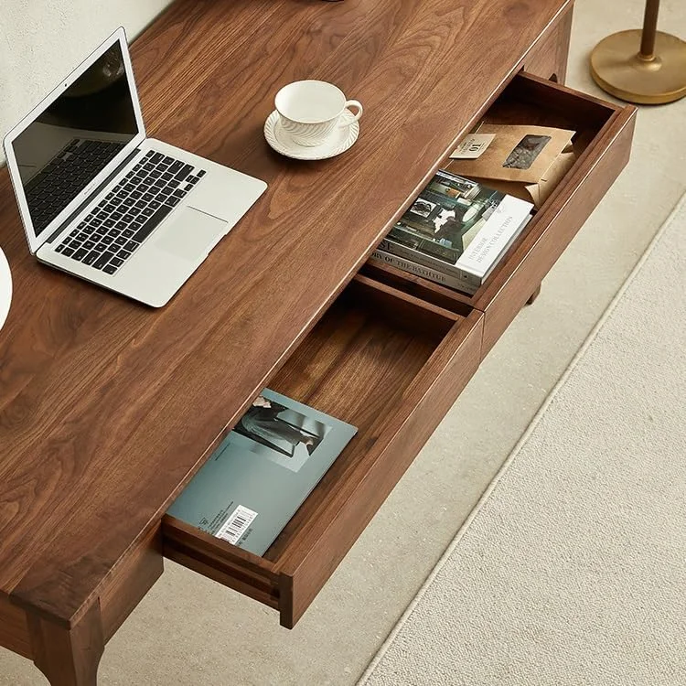 میز کامپیوتر چوبی گردویی تیره با فضای ذخیره سازی، میز کامپیوتر مدرن و ساده با دو کشو برای دفتر کار خانگی (XL)