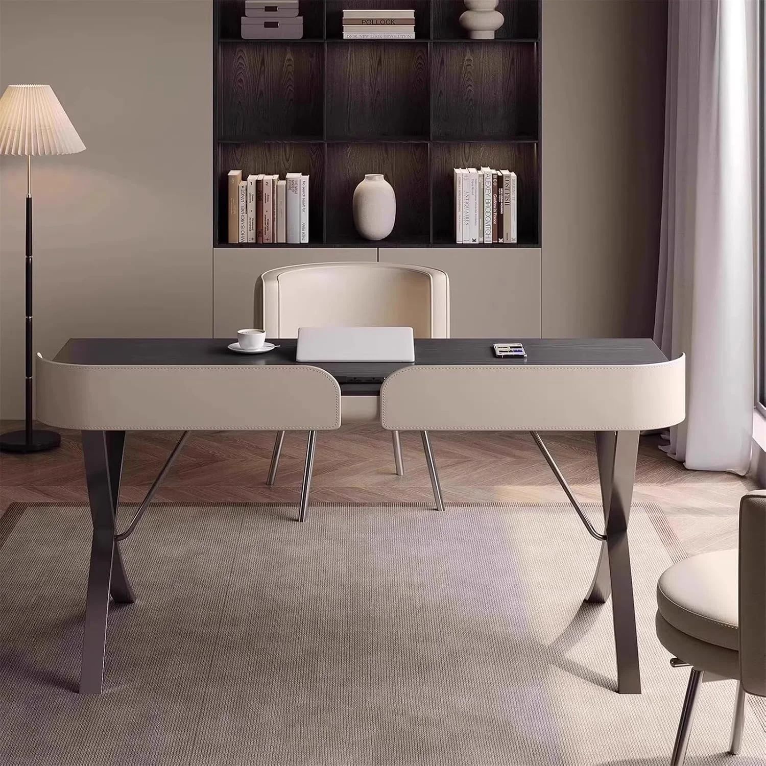 میز کامپیوتر، میز تحریر مدرن با رنگ گردویی تیره، دارای کشو، ایستگاه شارژ، پایه های فلزی X شکل و فضای ذخیره سازی (M)