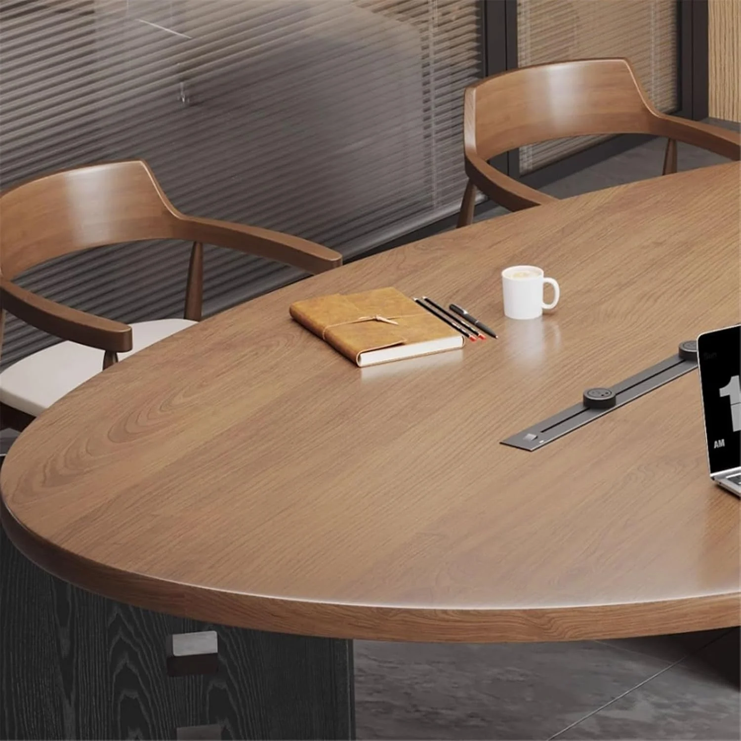 میز کامپیوتر، میز کنفرانس بیضی شکل از چوب جامد، میز کار مدرن چوب نارون با پورت های شارژ و ریل های کشویی (L)