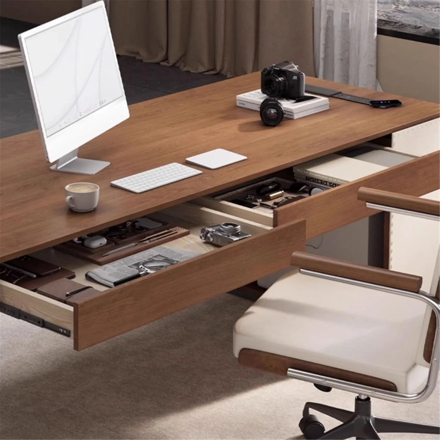میز کامپیوتر، میز تحریر چوبی مدرن و ساده با پورت شارژ، رنگ گردویی، مناسب منزل با دو کشو (L)