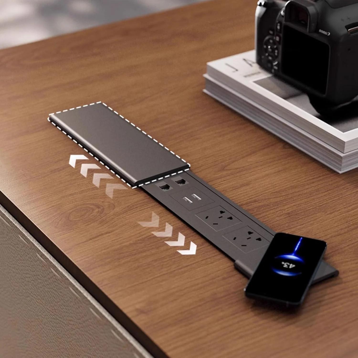 میز کامپیوتر، میز تحریر چوبی مدرن و ساده با پورت شارژ، رنگ گردویی، مناسب منزل با دو کشو (L)