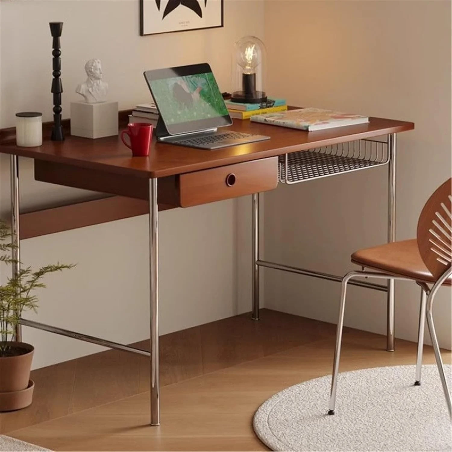 میز کامپیوتر، میز چوبی با قاب فولادی ضد زنگ، میز مطالعه کوچک خانگی با کشوها و قفسه ذخیره سازی (S)