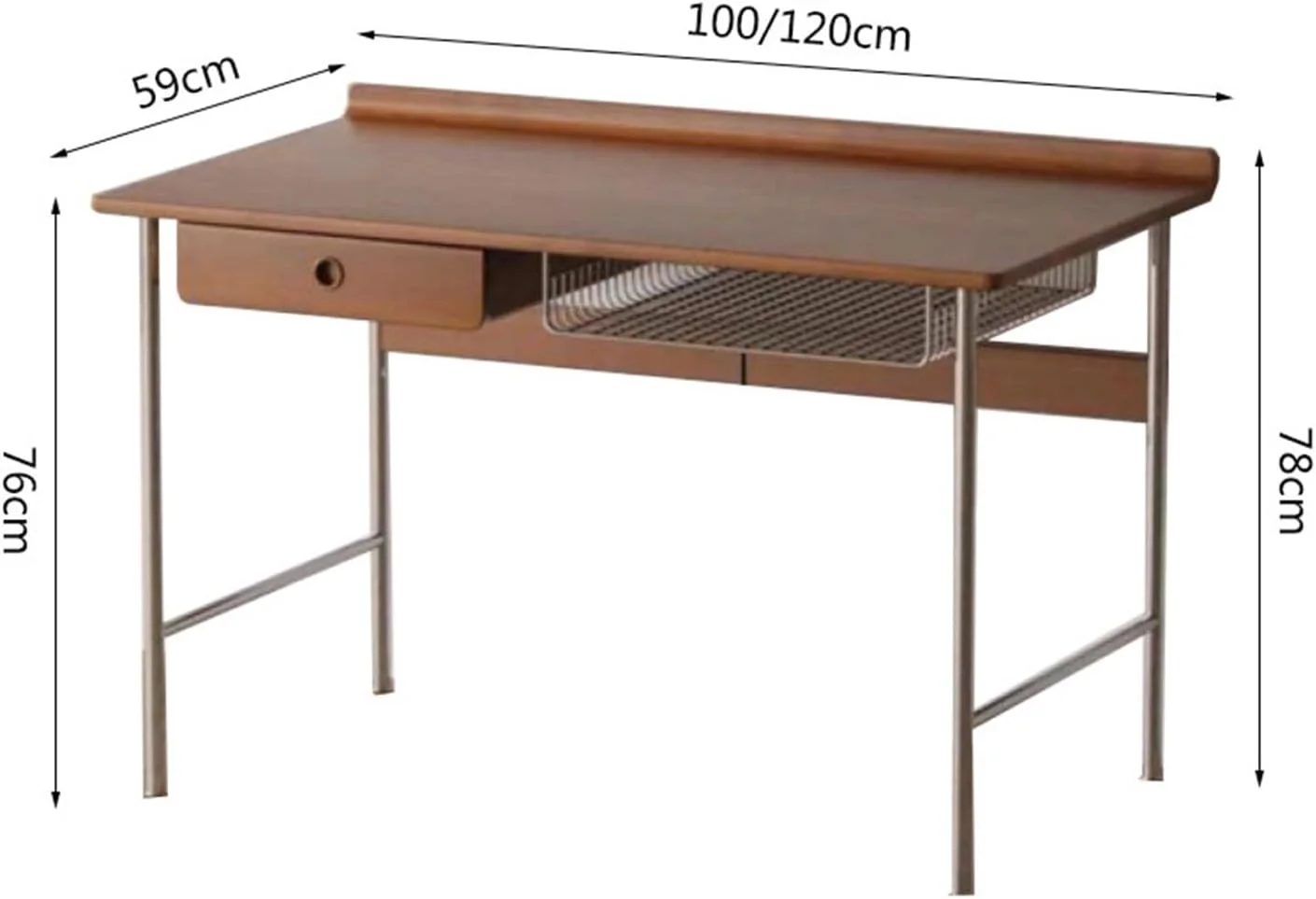 میز کامپیوتر، میز چوبی با قاب فولادی ضد زنگ، میز مطالعه کوچک خانگی با کشوها و قفسه ذخیره سازی (S)