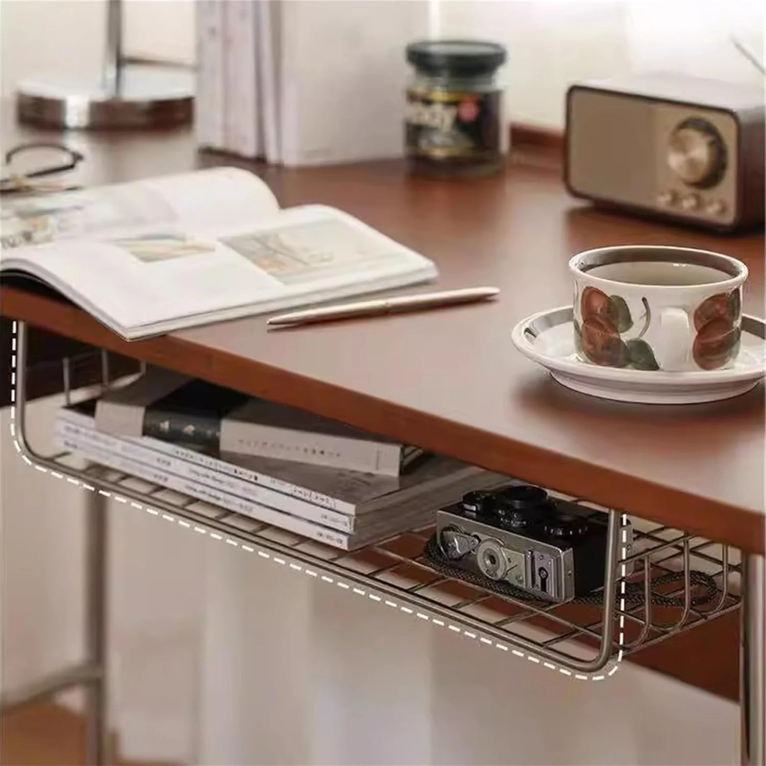 میز کامپیوتر، میز چوبی با قاب فولادی ضد زنگ، میز مطالعه کوچک خانگی با کشوها و قفسه ذخیره سازی (S)