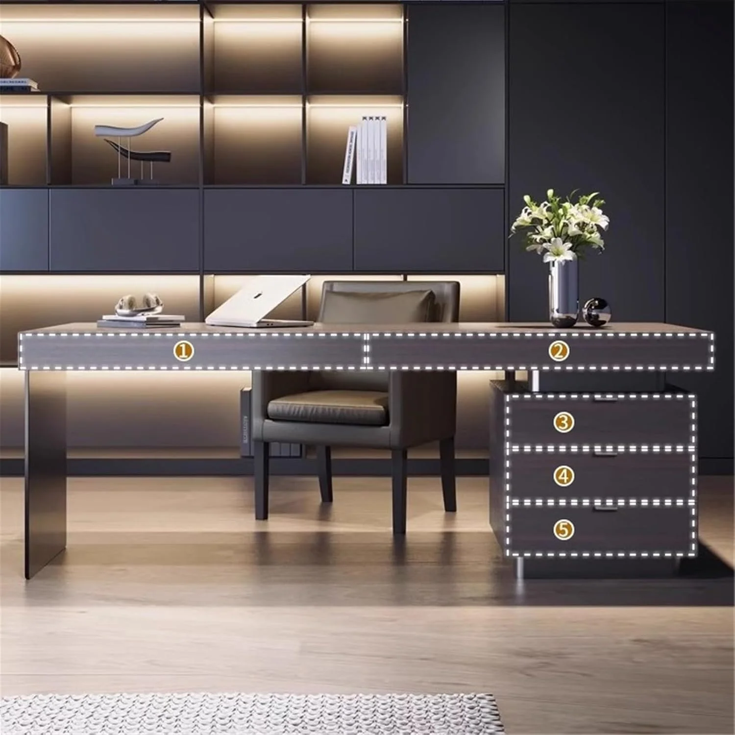 میز کامپیوتر، میز اداری مدرن با رنگ دودی و کشو، ایستگاه کاری نوشتن چوبی برای دفتر کار خانگی (XL)