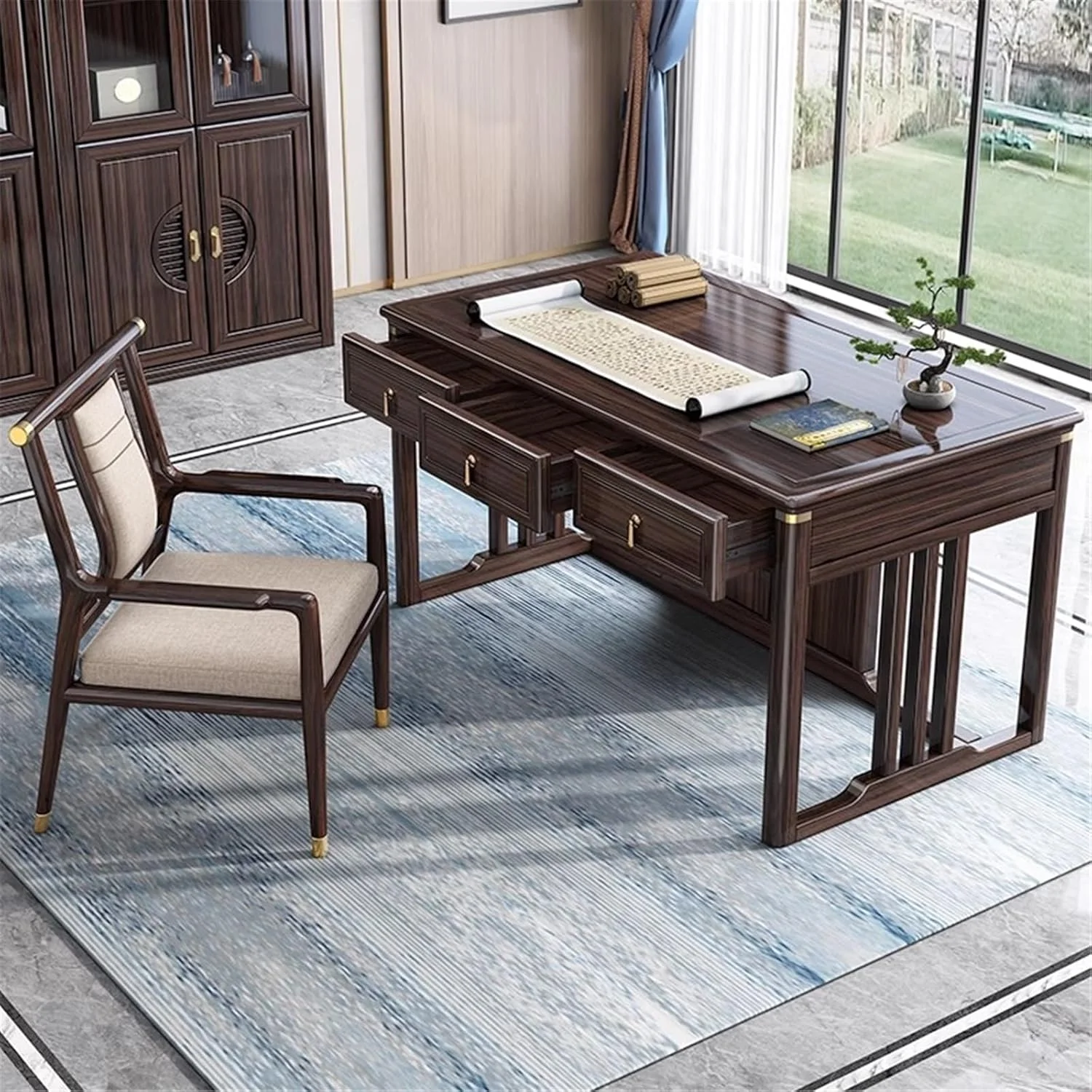 میز کامپیوتر، میز تحریر چوبی با سه کشو، میز تحریر چوب آبنوس با طراحی زیبای چینی، مبلمان اتاق مطالعه (M) میز کامپیوتر، میز تحریر چوبی با سه کشو، میز تحریر چوب آبنوس با طراحی زیبای چینی، مبلمان اتاق مطالعه (M)