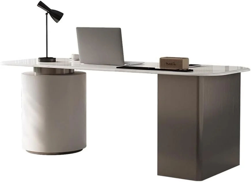 میز کامپیوتر، میز اداری مدرن با رویه سنگ لوح و ایستگاه شارژ و کابینت گرد (L)