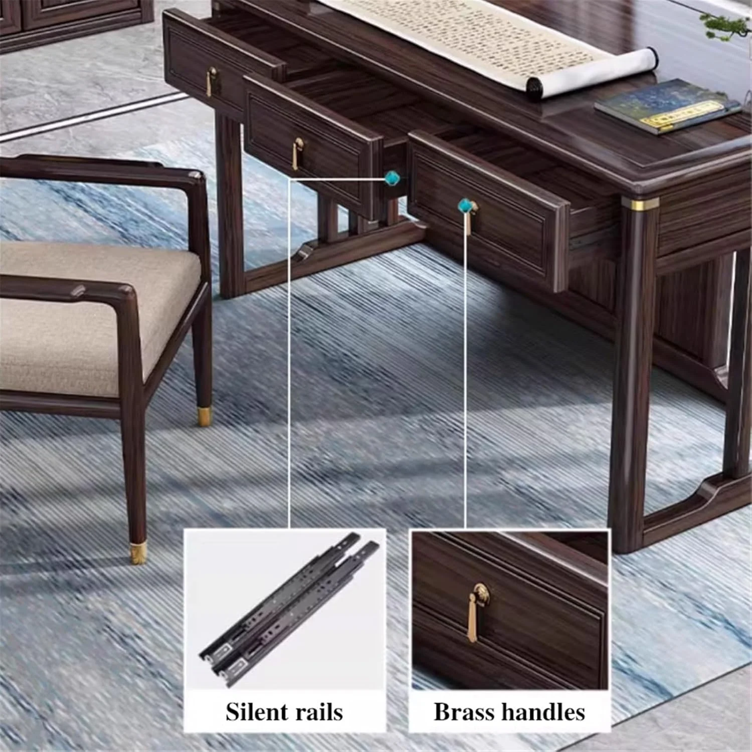 میز کامپیوتر، میز تحریر چوبی با سه کشو، میز تحریر چوب آبنوس با طراحی زیبای چینی، مبلمان اتاق مطالعه (M) میز کامپیوتر، میز تحریر چوبی با سه کشو، میز تحریر چوب آبنوس با طراحی زیبای چینی، مبلمان اتاق مطالعه (M)