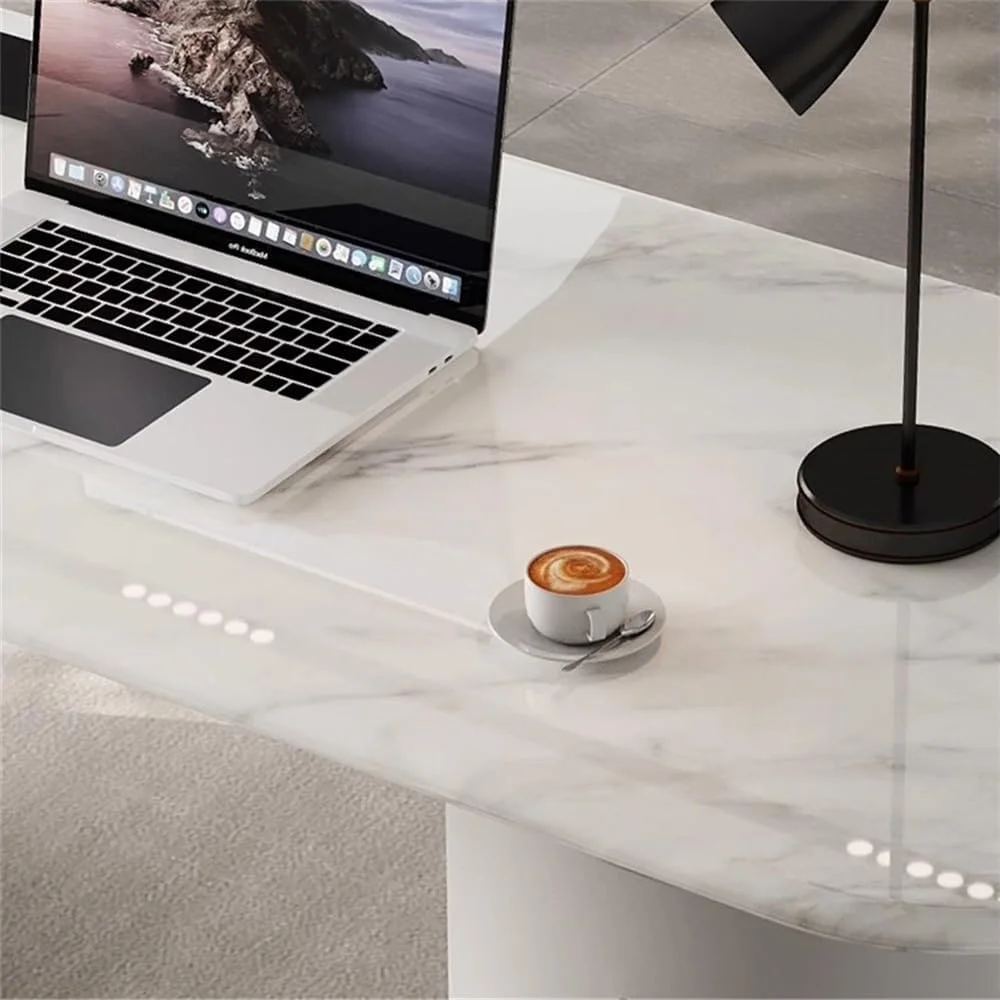 میز کامپیوتر، میز اداری مدرن با رویه سنگ لوح و ایستگاه شارژ، به همراه کابینت گرد (L) میز کامپیوتر، میز اداری مدرن با رویه سنگ لوح و ایستگاه شارژ، به همراه کابینت گرد (L)