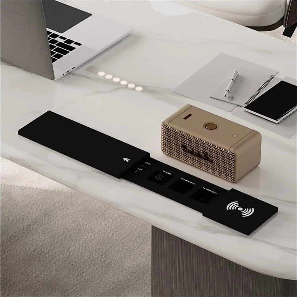 میز کامپیوتر، میز اداری مدرن با رویه سنگ لوح و ایستگاه شارژ، به همراه کابینت گرد (L) میز کامپیوتر، میز اداری مدرن با رویه سنگ لوح و ایستگاه شارژ، به همراه کابینت گرد (L)