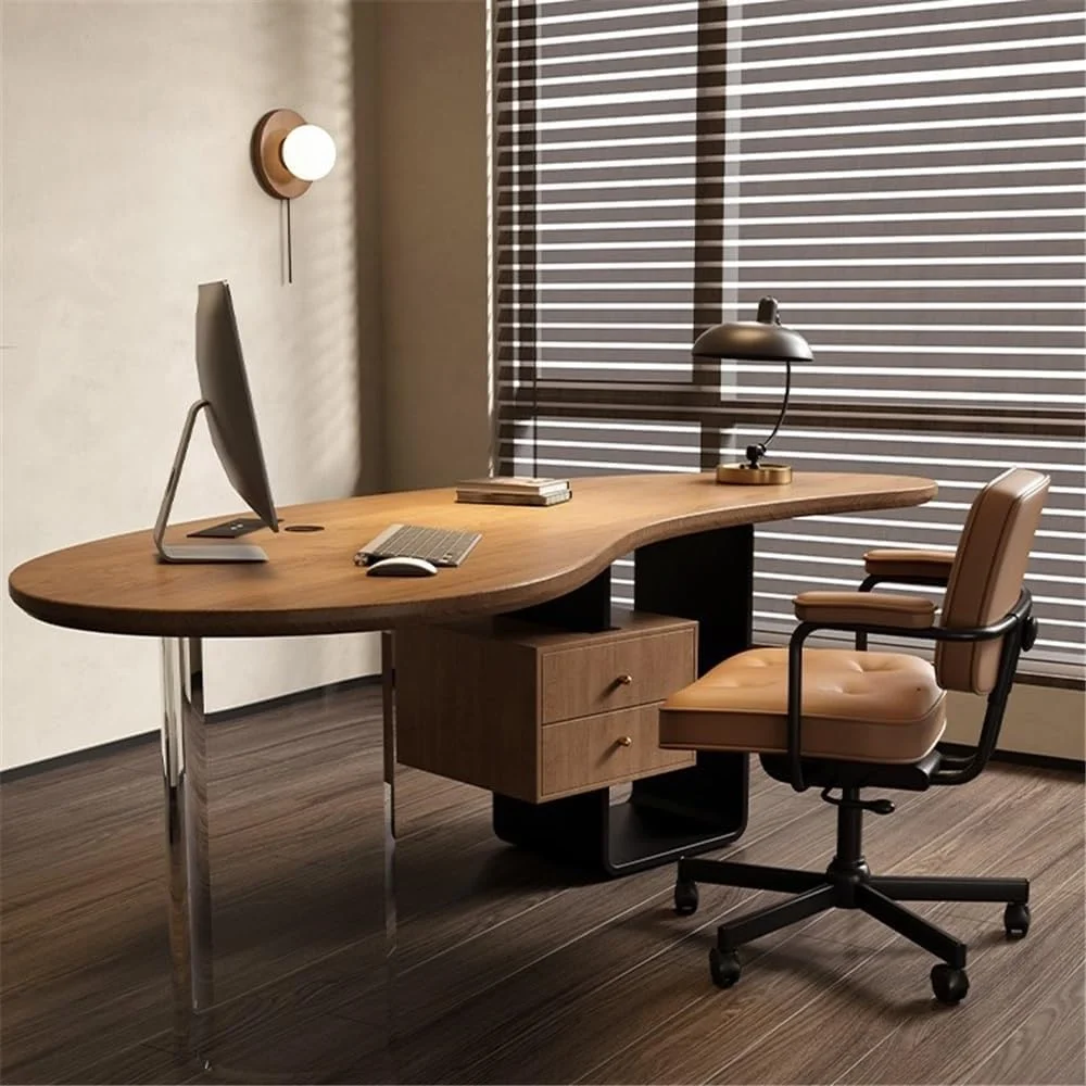 میز کامپیوتر، میز اداری مدرن طرح بادام هندی با پورت شارژ، کابینت ذخیره سازی و پایه های میز اکریلیک (XL) میز کامپیوتر، میز اداری مدرن طرح بادام هندی با پورت شارژ، کابینت ذخیره سازی و پایه های میز اکریلیک (XL)