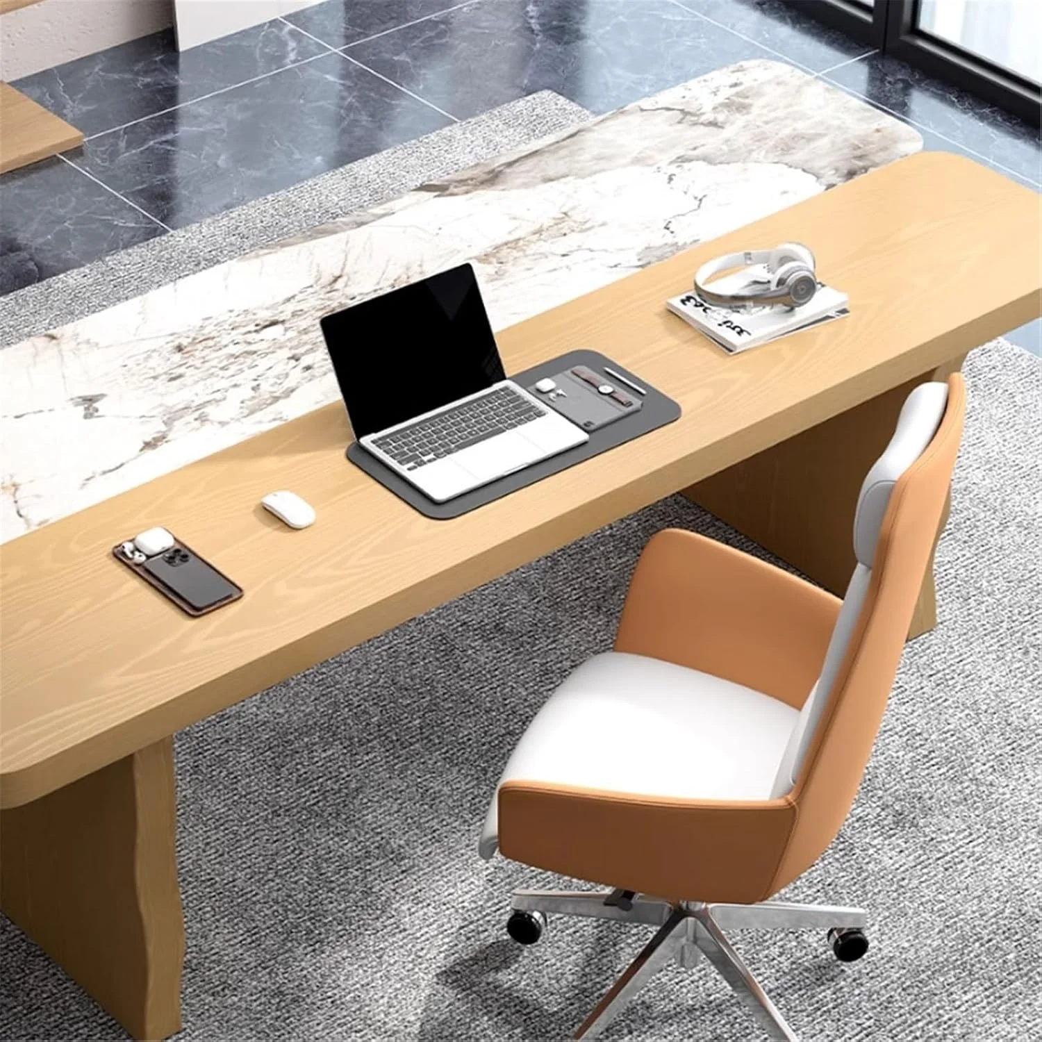 میز کامپیوتر، میز مدیریتی مدرن با طراحی زیبا، میز تحریر خانگی با رویه سنگی و پایه های چوبی محکم (S)