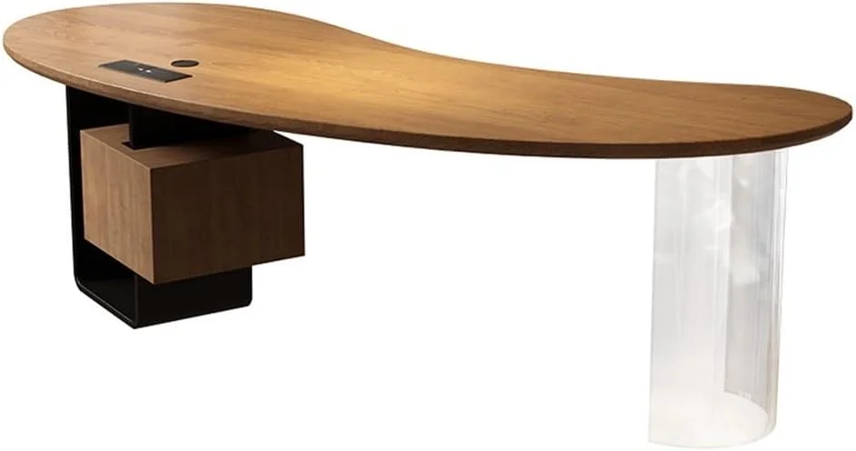 میز کامپیوتر اداری مدرن طرح بادام هندی با پورت شارژ، کابینت ذخیره سازی و پایه های میز اکریلیک (XL)