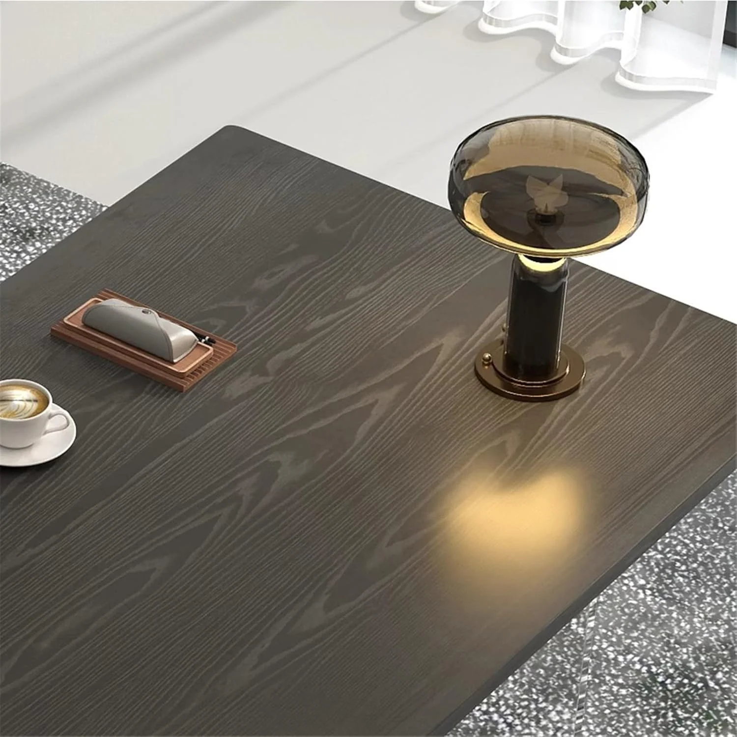 میز کامپیوتر اداری مدرن طرح بادام هندی با پورت شارژ، کابینت ذخیره سازی و پایه های میز اکریلیک (XL) میز کامپیوتر اداری مدرن طرح بادام هندی با پورت شارژ، کابینت ذخیره سازی و پایه های میز اکریلیک (XL)