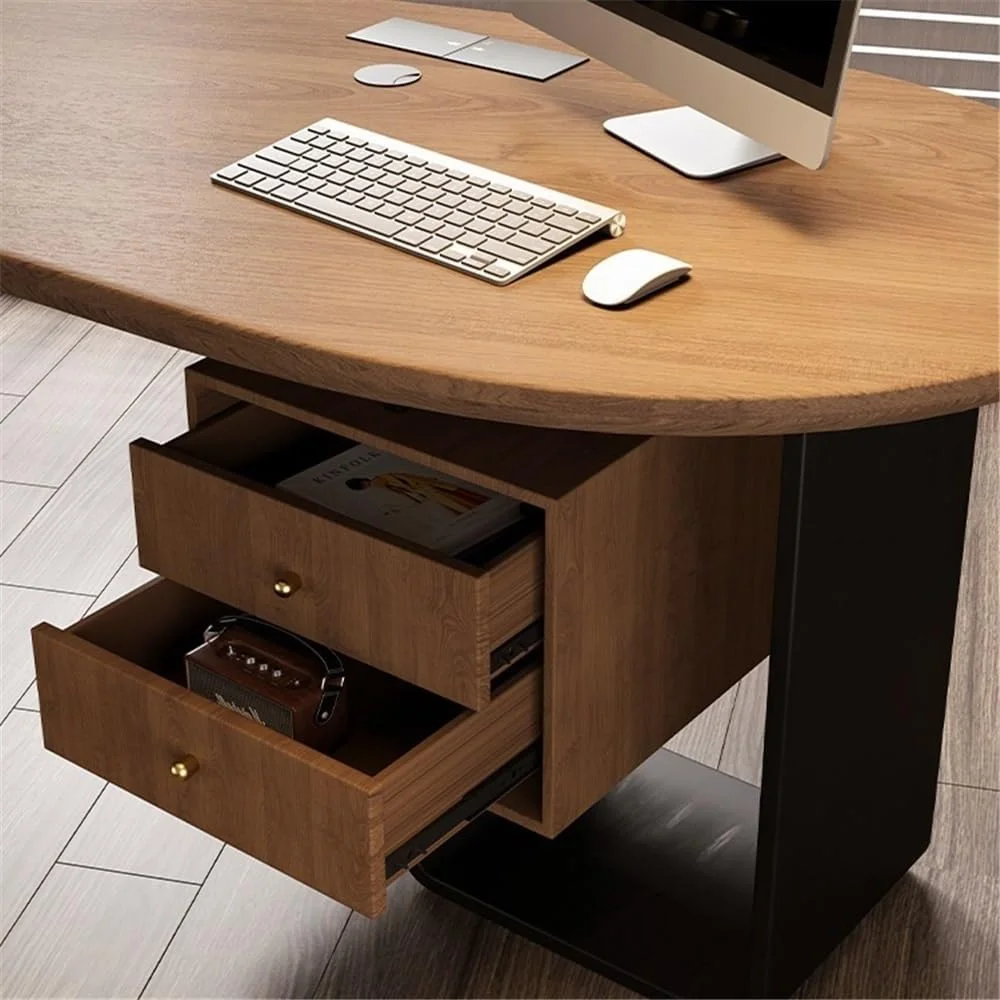 میز کامپیوتر اداری مدرن طرح بادام هندی با پورت شارژ، کابینت ذخیره سازی و پایه های میز اکریلیک (XL) میز کامپیوتر اداری مدرن طرح بادام هندی با پورت شارژ، کابینت ذخیره سازی و پایه های میز اکریلیک (XL)