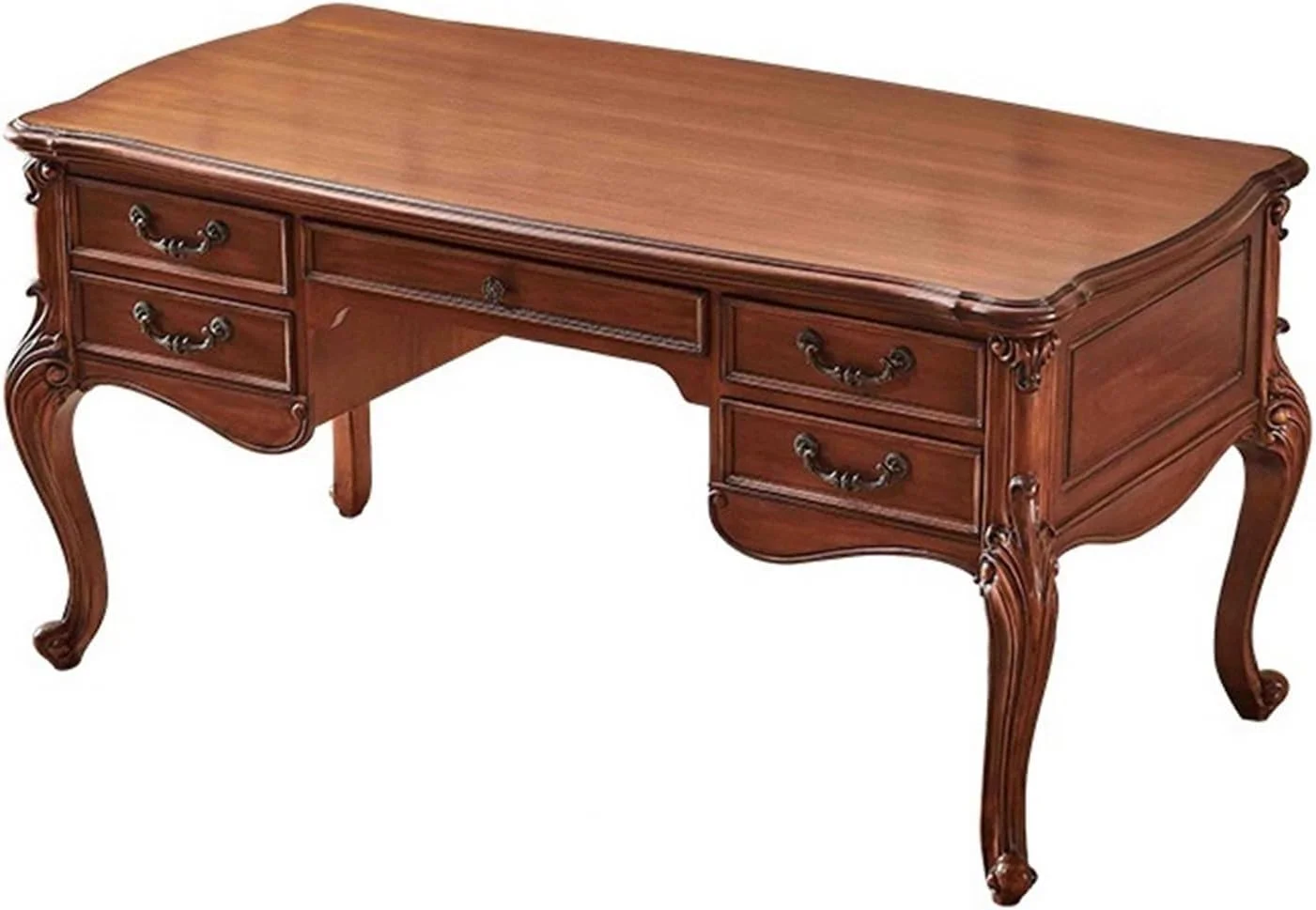 میز کامپیوتر میز اداری چوبی سنتی 63 اینچی با پایه های منبت کاری شده دستی و تزئینات کابریولی، میز تحریر عتیقه چوب گیلاس و گردو با 5 کشو