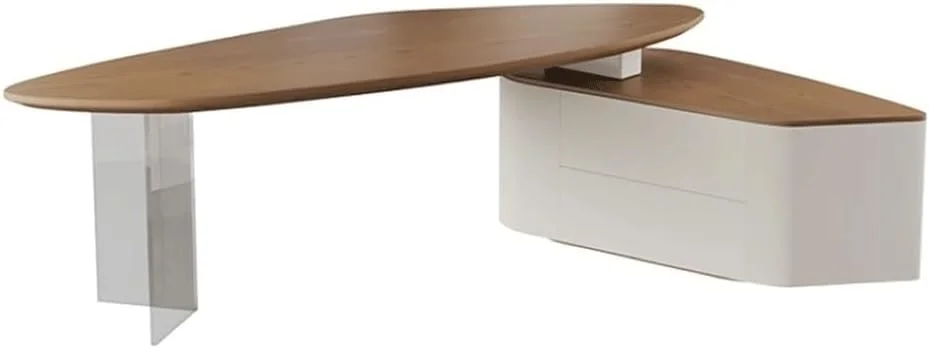 میز کامپیوتر، میز مدیریتی بزرگ نامنظم با کابینت جانبی، ایستگاه کاری مدرن تحریر از چوب درخت نارون (M)